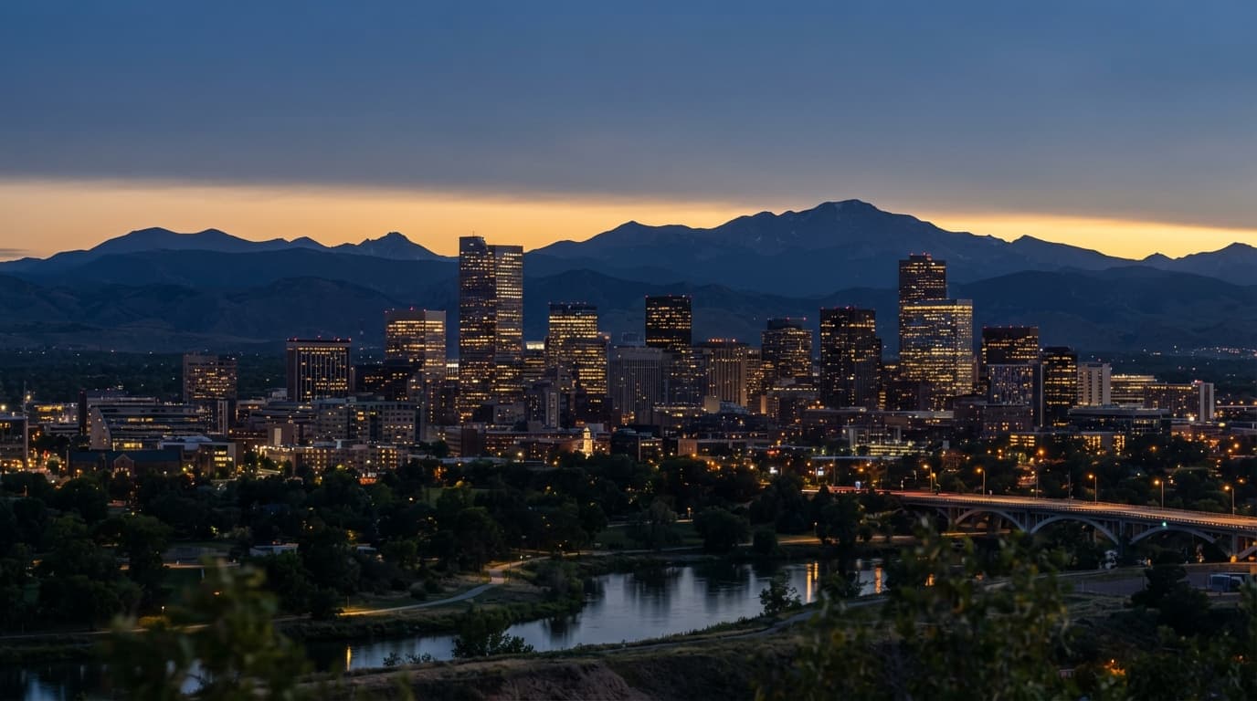 Denver skyline at dusk with the Rocky Mountains rising behind it