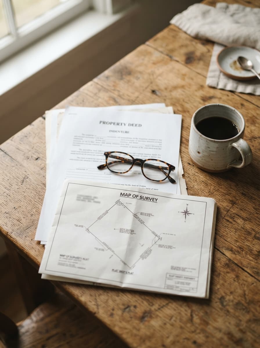 Mineral deed documents, reading glasses, and coffee on a farmhouse kitchen table